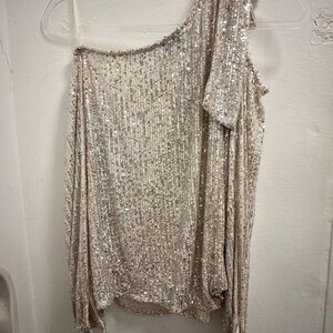 CeCe Asymmetrical Silver Sequin Blouse
